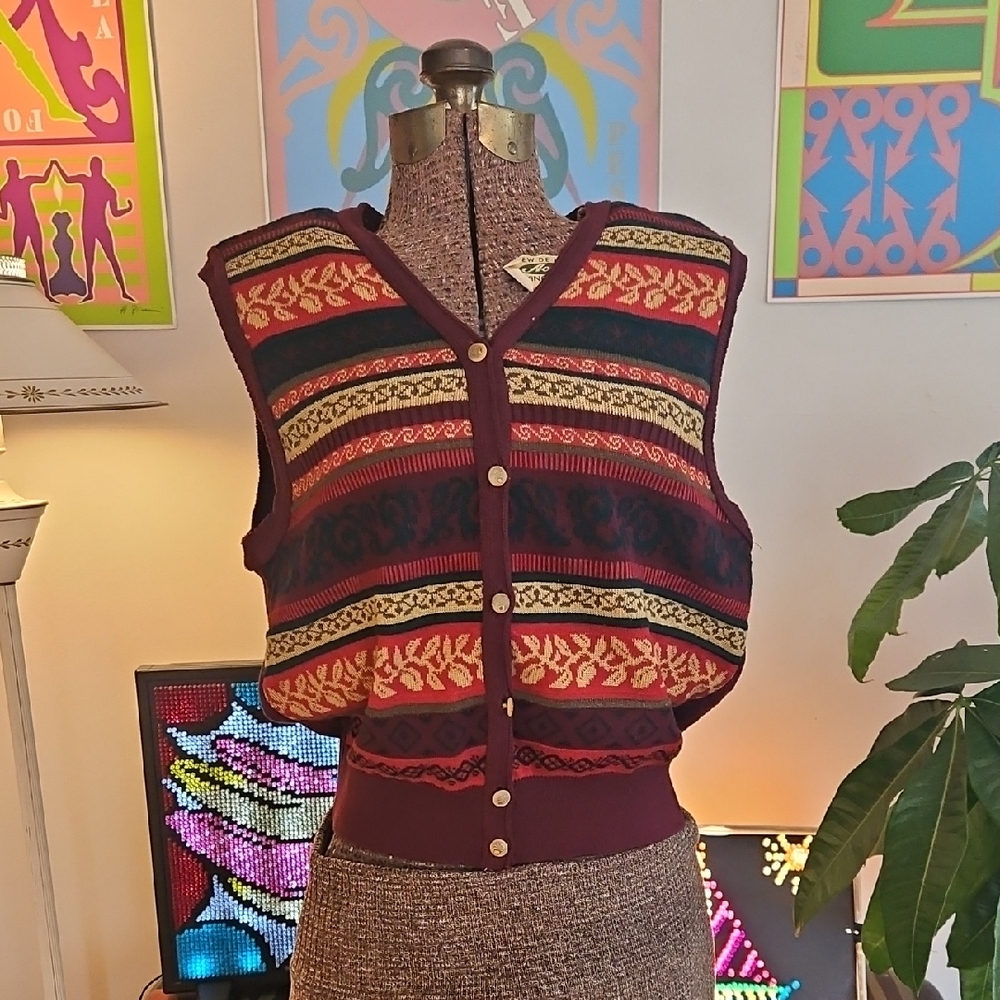 Vintage 1980s Liz Claiborne Autumn FairIsle Style Knit Sweater Vest Grannycore M